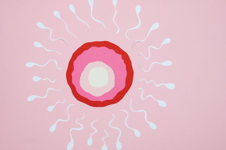 Conceptual art of fertilization with sperm and egg on a pink background.