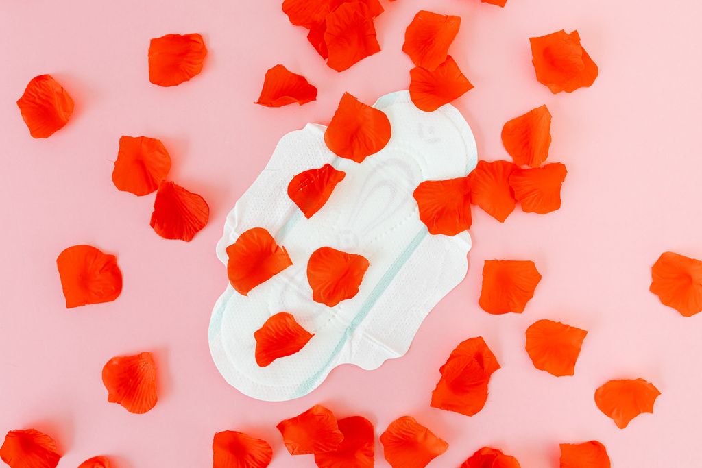 White sanitary napkin surrounded by red petals on a pink background, representing menstruation and feminine hygiene.